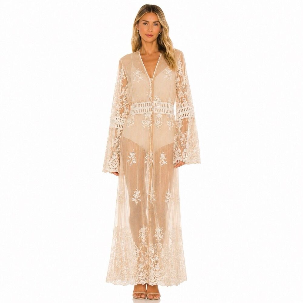 Forever 21 Sheer Tan Maxi Kimono Duster Embroidered Bell Sleeve Size L Festival
